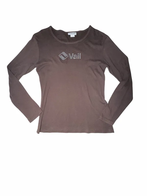 Vail Long Sleeve Shirt Brown Bedazzled Graphic Logo Tee Colorado Ski Resort - Image 2
