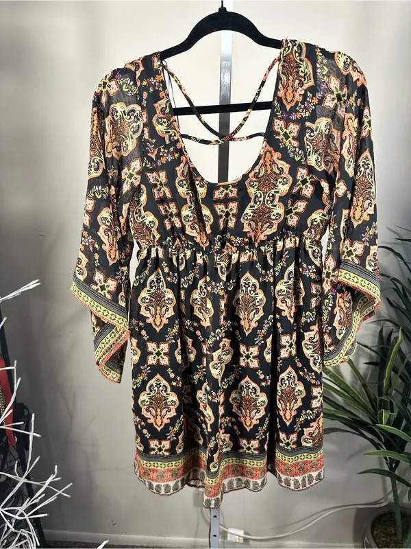 Socialite X331. Boho Paisley Peasant Mini Dress - Black with Peach Accents - Image 5