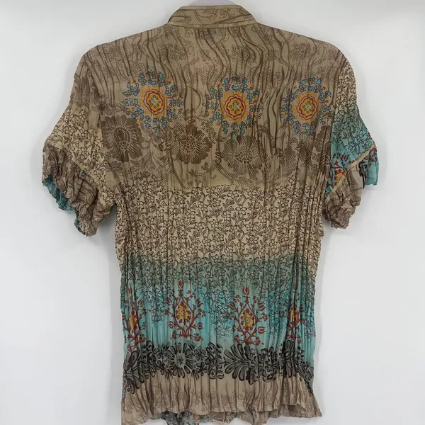 Y2K Piano Patchwork Snap Top Sz M Boho Festival Crinkle Artsy Satin Chiffon Tan - Image 5
