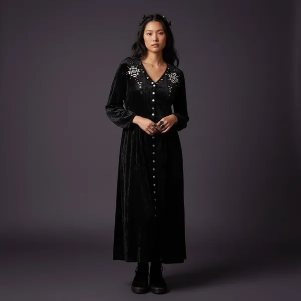 Vintage 90s black Gold embellished crushed velvet maxi whimsigoth emo glam - Image 4