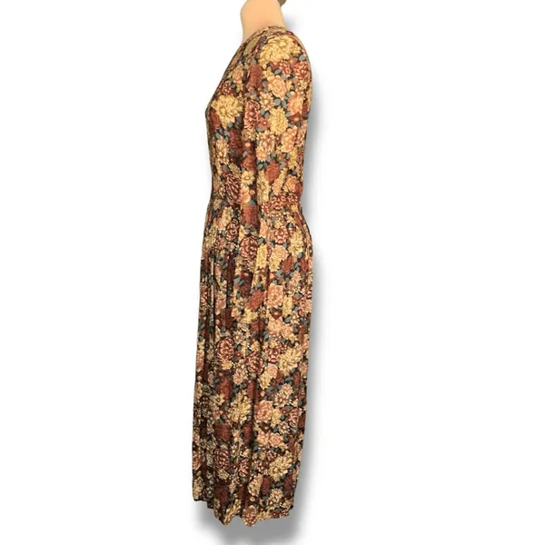 Vintage Brown Floral Midi Dress Long Sleeve Rayon Boho 90s‎ Grunge Size 10 Boho - Image 4