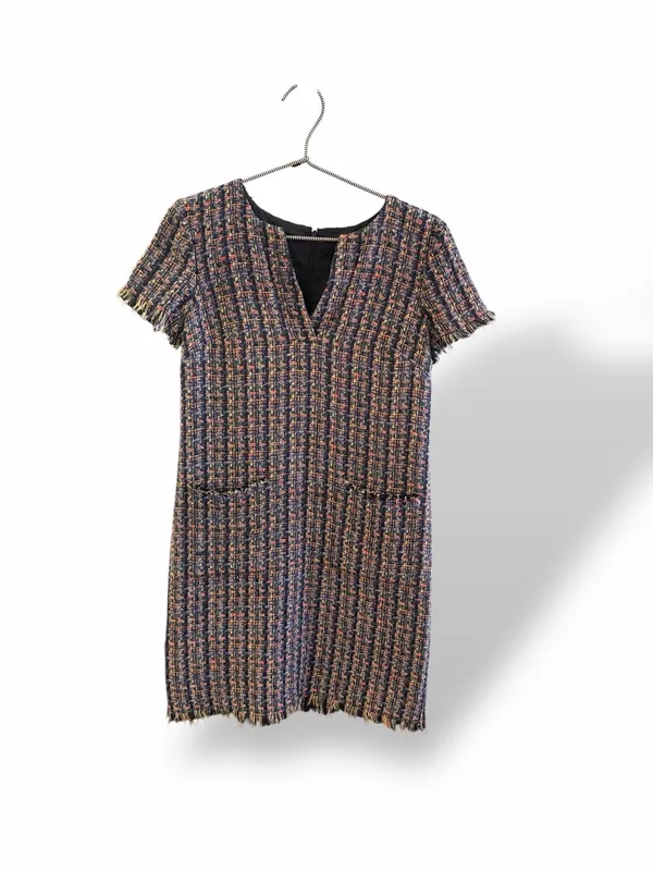 Ann Taylor Multi-Color‎ Tweed V-Neck Shift Dress with Fringe Trim - Image 2