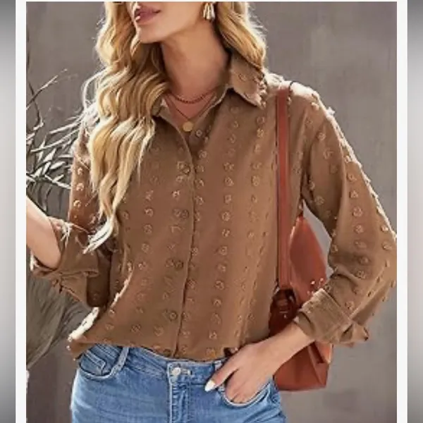 Elegant Brown Button Down Shirt for Women oversized Med - Image 3