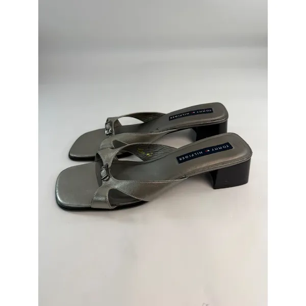 Tommy Hilfiger Vintage Metallic Silver Square Toe Block Heel Mules ALG-425 40 - Image 6