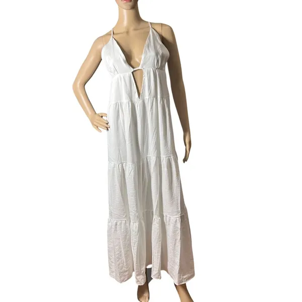 SNDYS Indigo Dress Womans XL White Maxi Plunging Neckline Summer Flowy NEW‎ - Image 3
