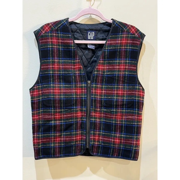 Vintage Gap Tartan‎ Plaid Quilted Puffer Best Wool Blend Size Small Holiday - Image 2
