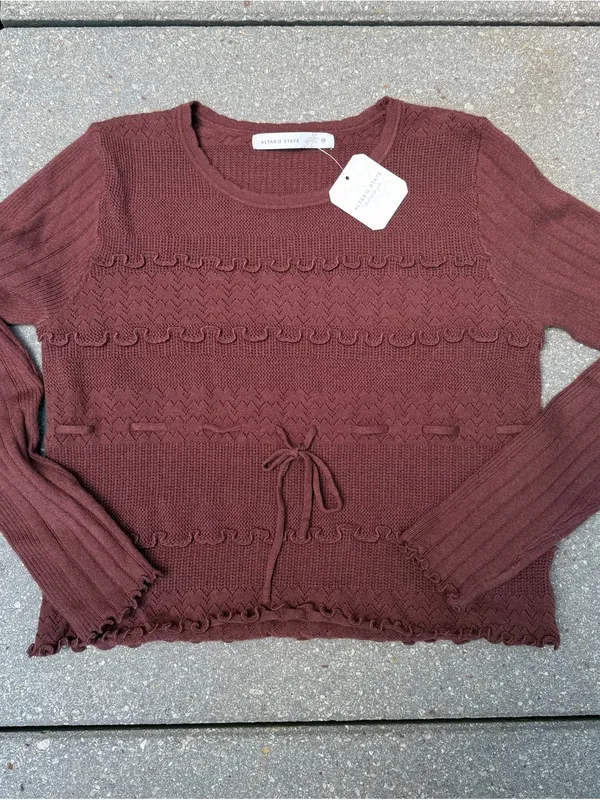 NWT Altar’d State Stevie Ruffle Trim Sweater Medium Chocolate Brown Bow Knit - Image 5