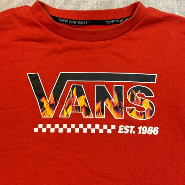 Vans Off The Wall Red Flame Logo Sweatshirt XL‎ Pullover Graphic Cropped Raw Hem - Image 3