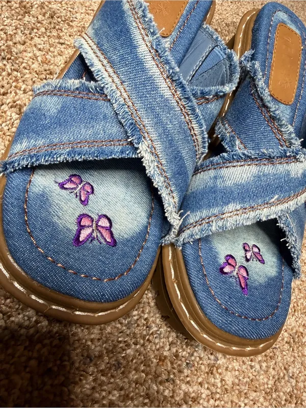 Delia's by Dolls Kill Star Worthy Cross Strap Slides 7 Denim Block Heel Sandals - Image 5
