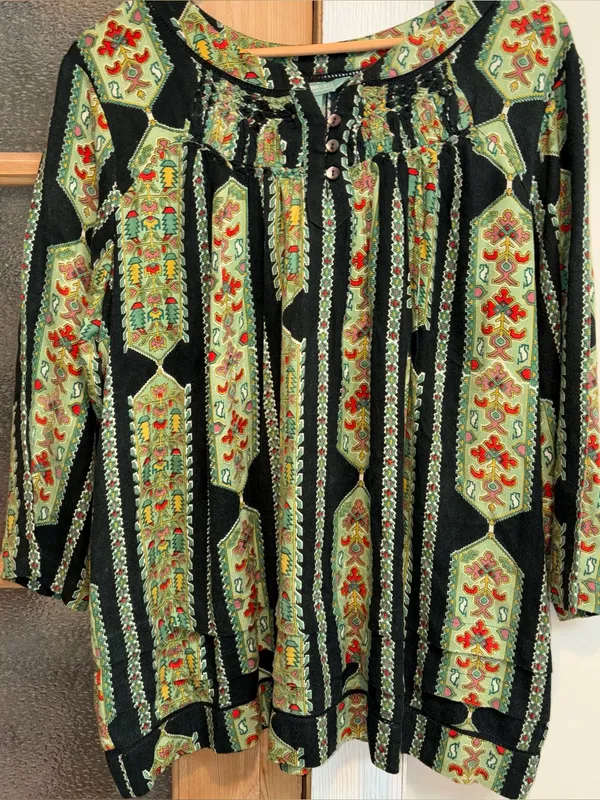 April Cornell Peru Ruffled Hem Blouse Top Olive Floral Green Herbs L - Image 4