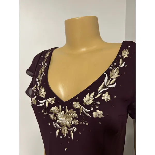 Y2K Vintage SL FASHIONS Plum Purple Beaded Floral Handkerchief Hem Midi Dress - Image 3