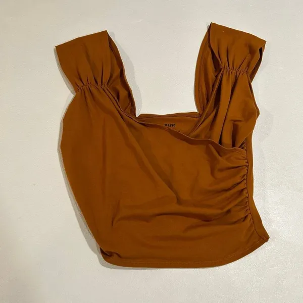 Maeve by Anthropologie Rust Ruched Square Neck Top Size Small - Image 3