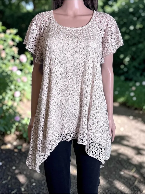 DressBarn Crochet Lace Tunic Top Large Beige Boho Swing Handkerchief Hem - Image 10