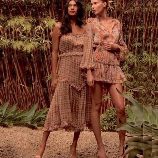 MISA Los Angeles Nita Midi Ruffle Dress in Flora Tile Mix Green and Pink Size M NWT - Image 8