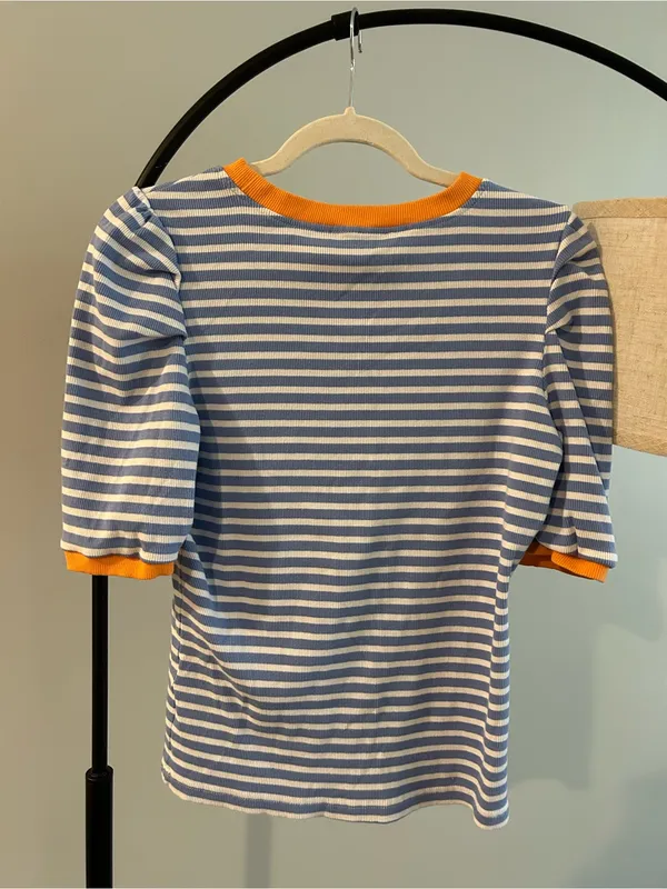 Rebecca Minkoff Blue & White Striped Tee with Orange Neck and Sleeve Trim - Image 3