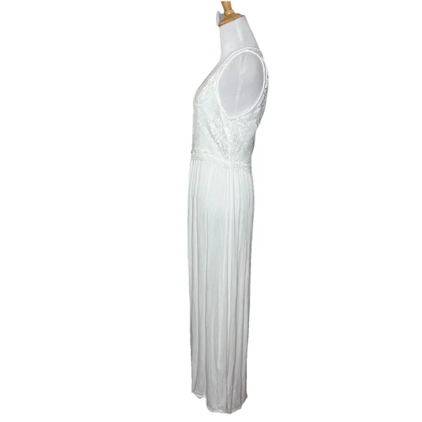Forever 21 White Lace Sheer V Neck Dress Slit At Bottom Button Front Maxi Size M - Image 4