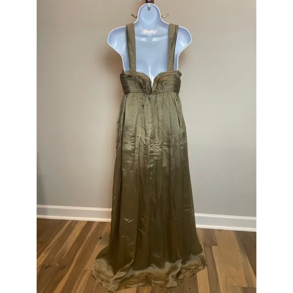 Vestique Satin Maxi Dress Size S Olive Green Keyhole Empire Waist New With Tag - Image 4