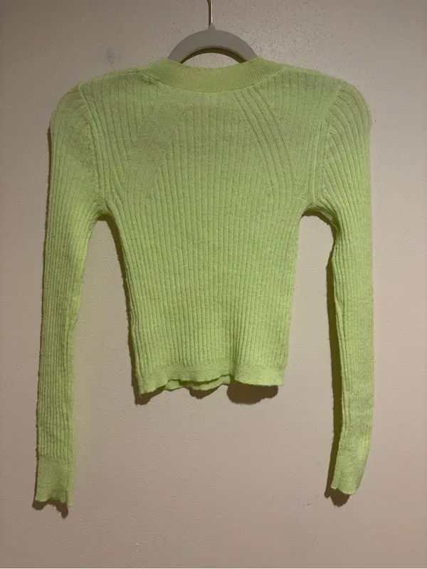 Anthropologie Daily Practice Wool Blend Cropped Ribbed Fitted Sweater Neon Green - Image 7