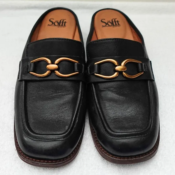 Sofft Black Leather Slide-On Bronze Metal Horsebit Accent Loafer Mules US 8 - Image 2