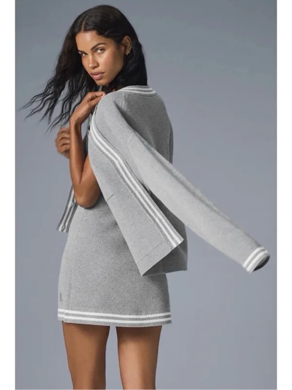 Alo Yoga Tennis Club Cardigan Sweater XS Gray Varsity Preppy Athleisure Chic - Image 3