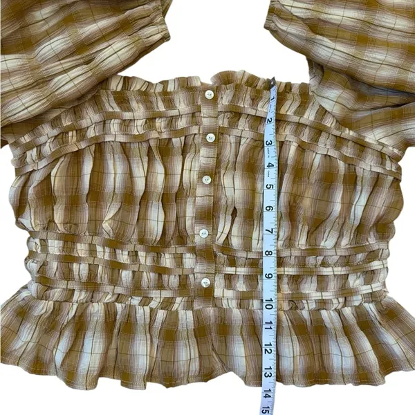 Bohme Brown Beige Plaid Smocked Blouse Size Large NWOT - Image 10