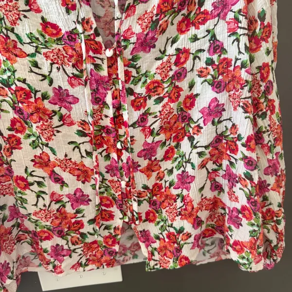Floral Long Sleeve Tie Neck Blouse Pink Orange White Crinkle Boho Top‎ Womens XL - Image 3