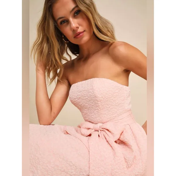 Lulus Truly Marvelous Blush Pink Jacquard Strapless Tiered Midi Dress Medium - Image 3
