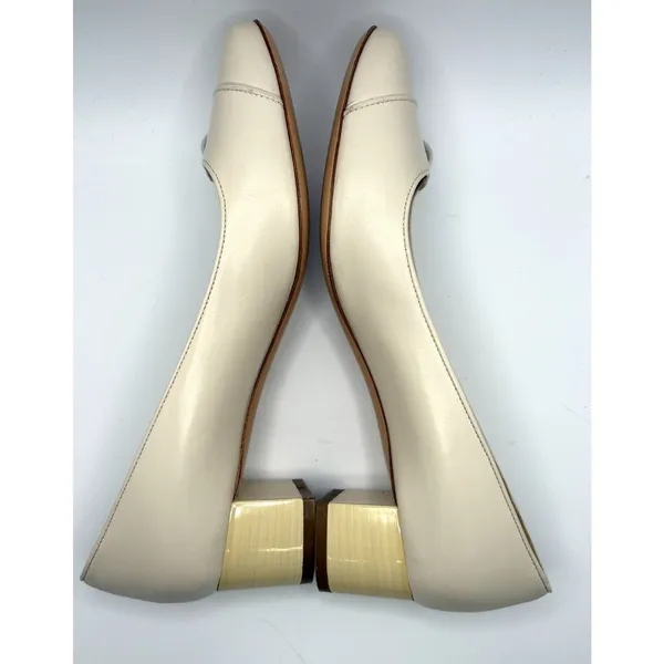 Salvatore Ferragamo Cream Leather Block Heel Pumps Silver Ball Detail Size 9B - Image 5