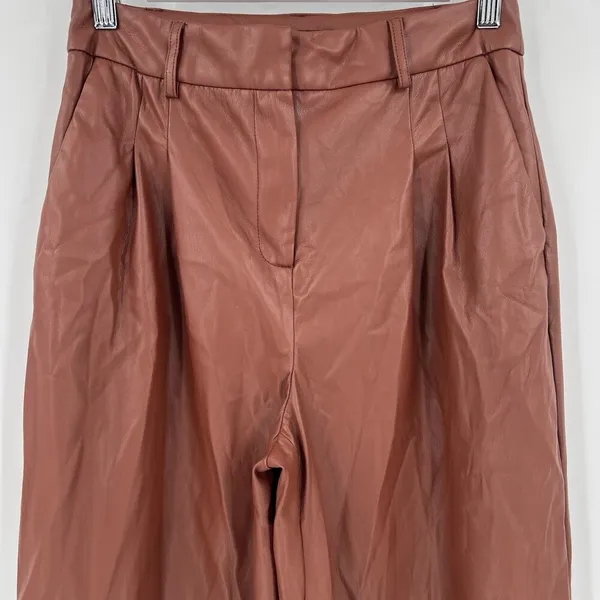 House Of Harlow Size 2 Brown Faux Leather Tapered Leg Pants‎ Pleated Trousers - Image 2