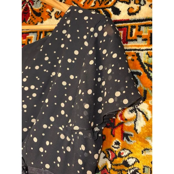 Vintage 100% Silk Black Cream Polka Dot Flutter Sleeve Midi Dress Size 8 - Image 3