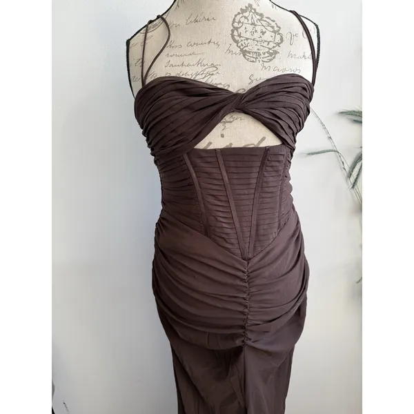 ASOS Design Tall Women's mesh corset detail‎ maxi dress Brown Size 8 - Image 4