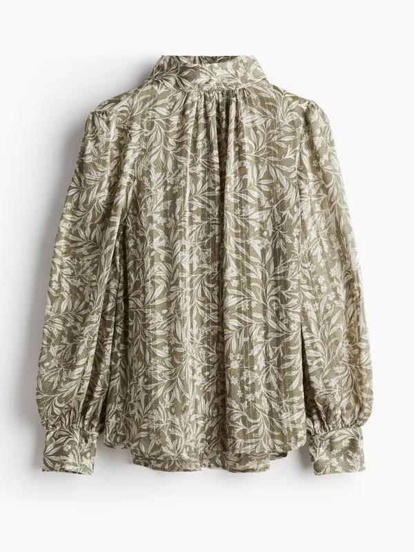 H&M Floral Pleated Mock Neck Blouse Green Cream Large Sheer Satin Office Boho - Image 13