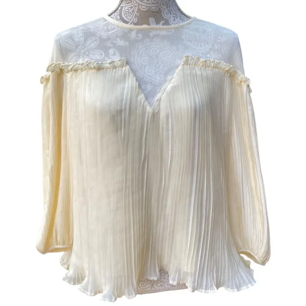 Topshop Boho Feminine Fairy Romantic Cream Pastel Pleated Sheer Neckline Blouse Size 8 - Image 4