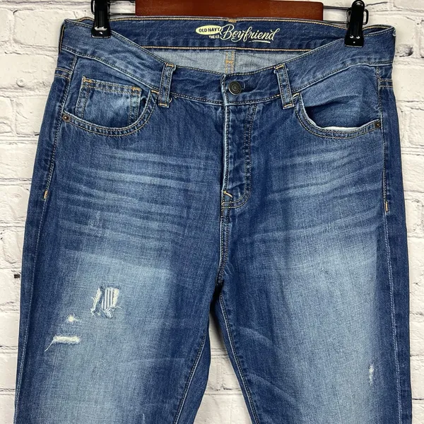 Old Navy Womens Boyfriend Button Fly Jeans Distressed Mid Rise Medium Wash Sz 4‎ - Image 3