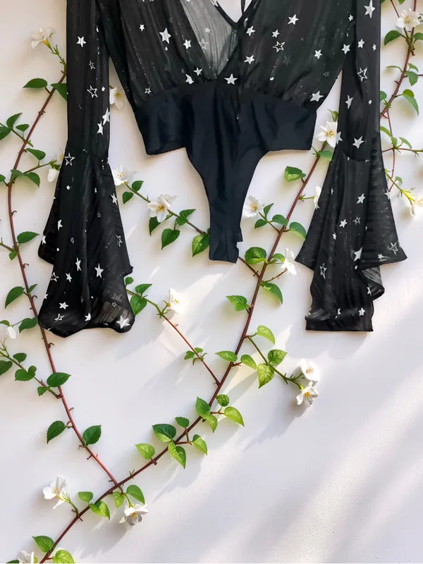 Nasty Gal Black Star Print Sheer Bell Sleeve Bodysuit Size 6 - Image 11