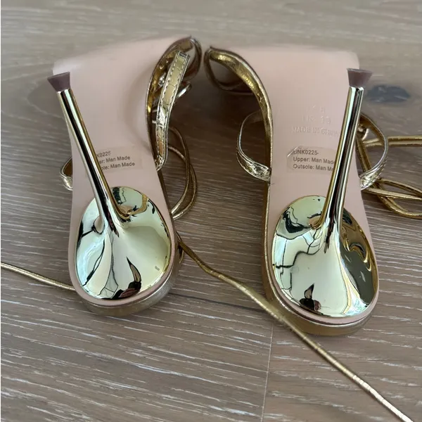 PrettyLittleThing RIng Detail Lace Up Strappy Pointed Toe Heels Size US 10 Gold - Image 6