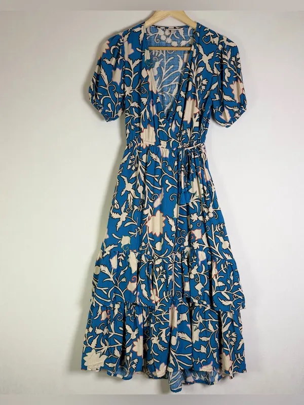 Knox Rose Women’s XS Blue Floral Boho Midi Wrap Dress Tassel Tie Tiered - Image 2