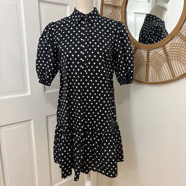 Kate Spade Harmony Dot Lake Dress M Black‎ Cotton Puff Sleeve Mini Retro Chic - Image 2