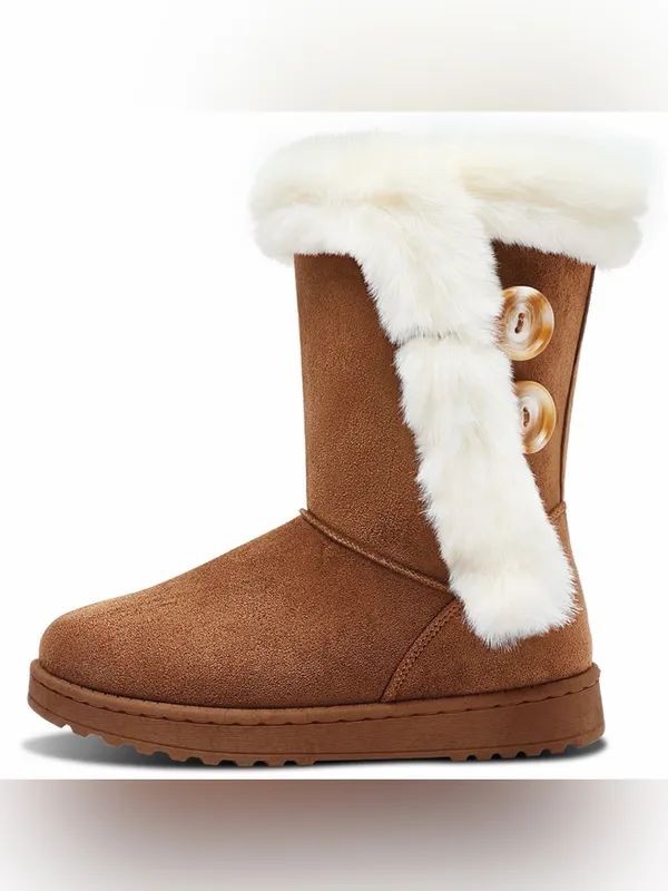 SO Tan Faux-Suede Winter Boots with Cream Faux-Fur Trim Size 11 - Image 2