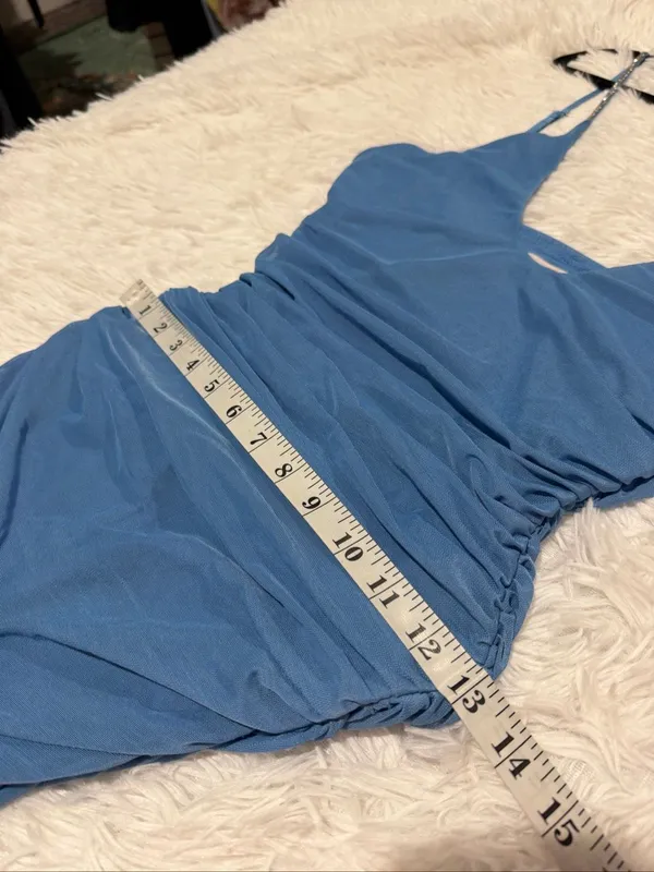 Oh Polly Mesh Bodycon Rhinestone Mini Dress in Blue Size 6 - Image 4