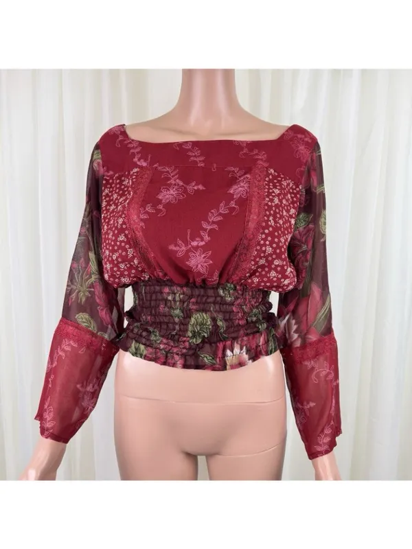 Passport Floral Smocked Elastic Waist Peasant Top Blouse Size L Burgundy - Image 2
