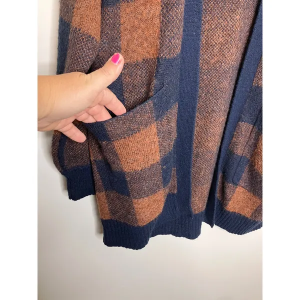 American Eagle Cardigan Women M Blue Orange Excellent Plaid Wool Blend Longline - Image 3