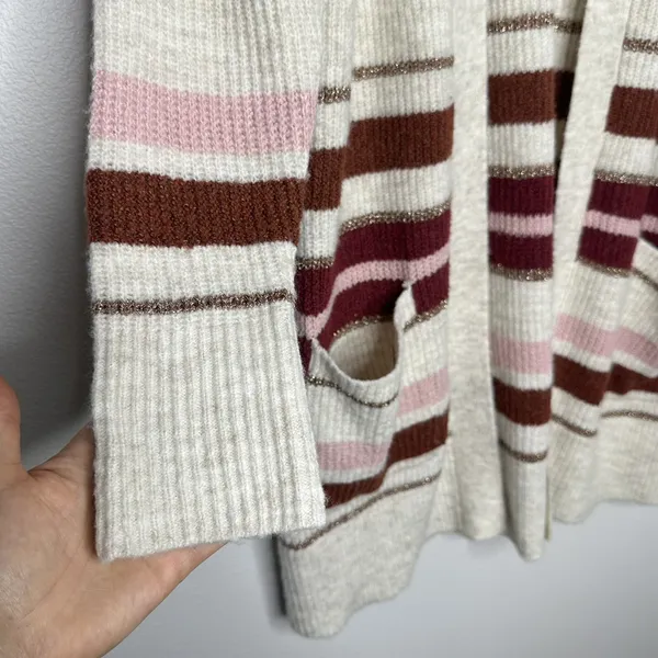 Retrology Open Cardigan M Long Colorful Gold Tan Pink Cozy Fall Knit Boho City - Image 3