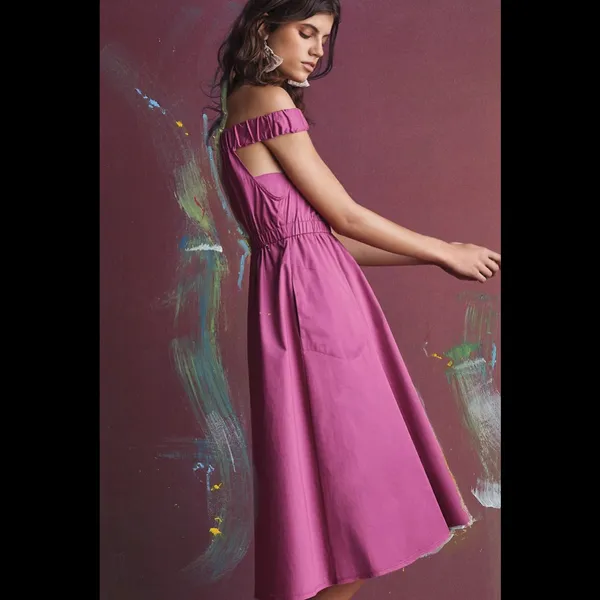 Anthropologie Maeve Pink Purple Fuchsia Mona Off Shoulder Midi Dress - Image 16