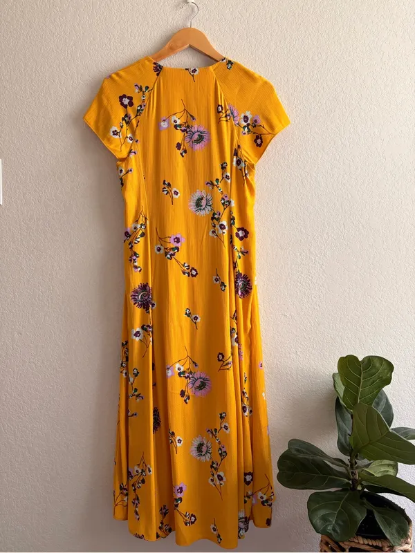 Free People Women S Lost In You Floral Midi Dress Golden Yellow V Neck Ruffle - Image 5