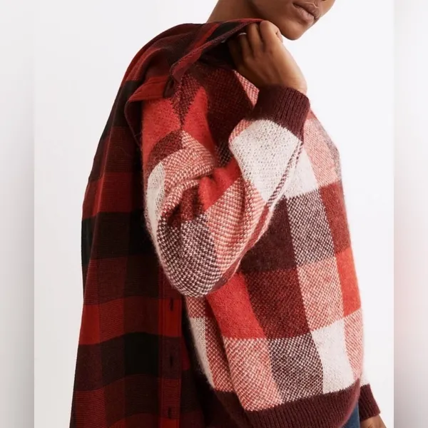 Madewell Red Checked Plaid Fenimore Pullover Sweater, size XL. - Image 3