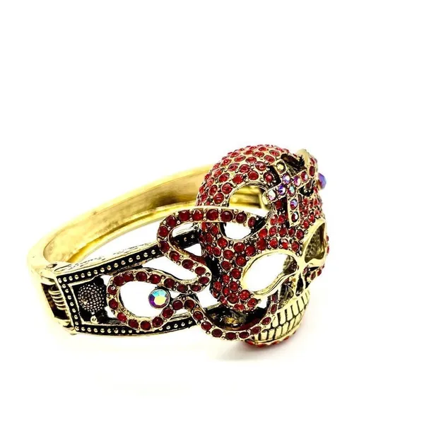 Skull Head Cuff Bracelet w/ Red Rhinestones - Image 5