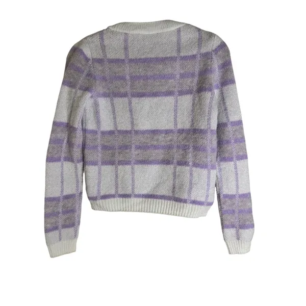 Mango MNG Lavender Plaid Knit Sweater XS Soft‎ Fuzzy Cropped Pullover - Image 3