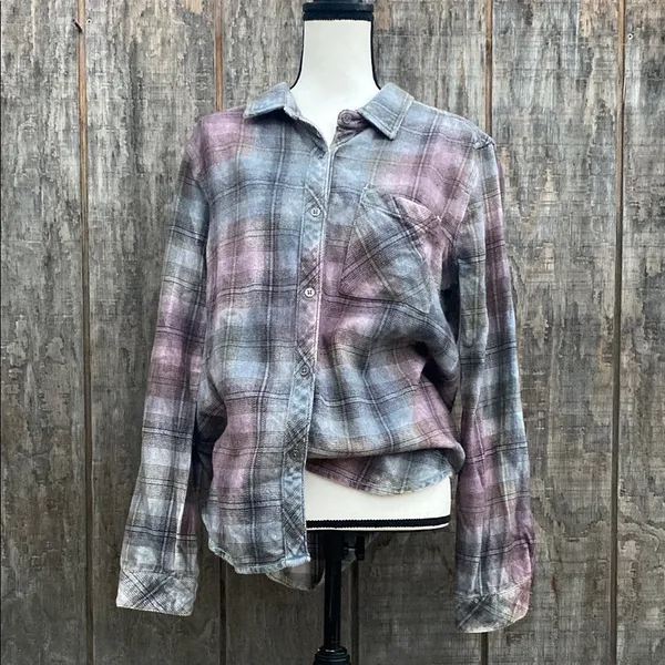 Dylan Pink Blue Plaid Long Sleeve Button Down Shirt Size L - Image 9