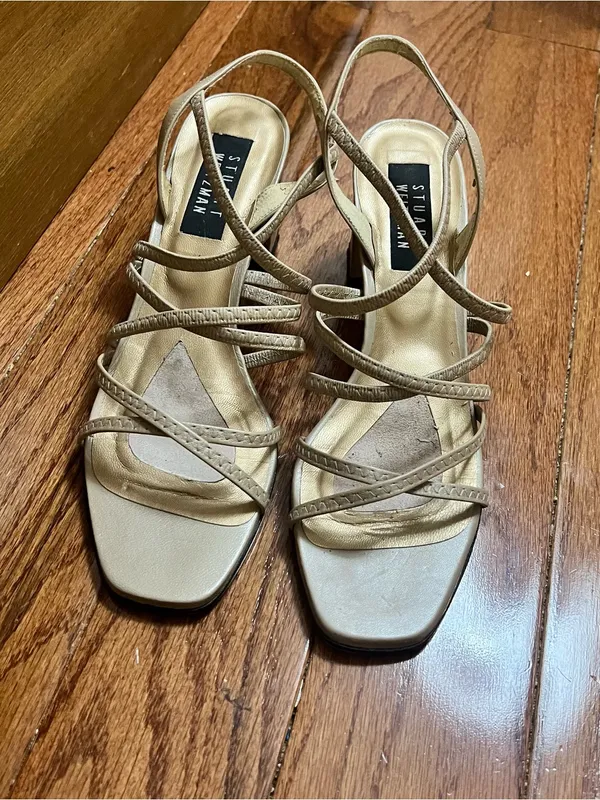 Stuart Weitzman Neutral Strappy Block Heel Square Toe Sandals - Image 2